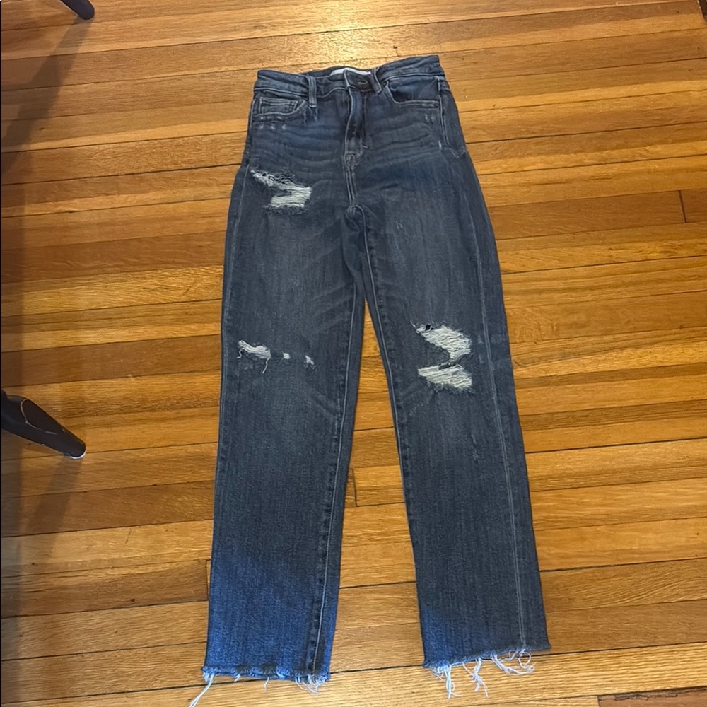 Blue Straight Leg Jeans with Distressed Details